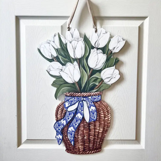 White Tulips Door Hanger-Pretty Floral Spring Flower Basket