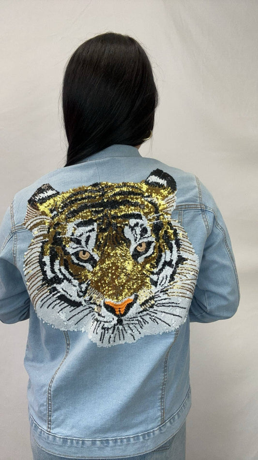 Golden Roar - Women's Sequin Embroidery Tiger Denim Jacket