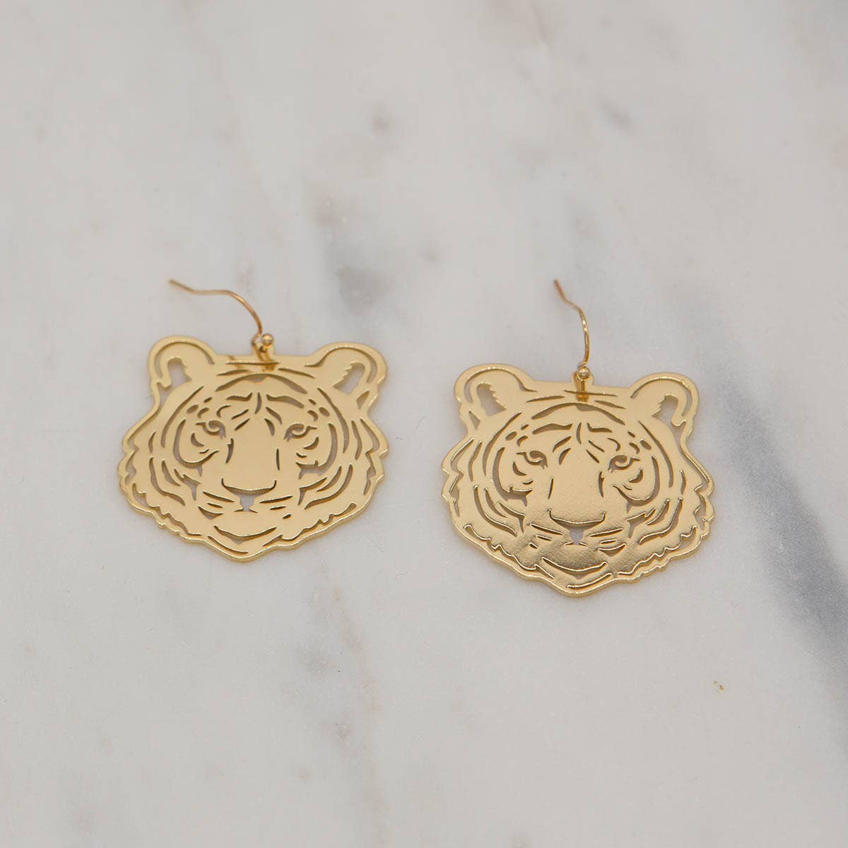 Tiger Face Earrings   Gold   1.5"