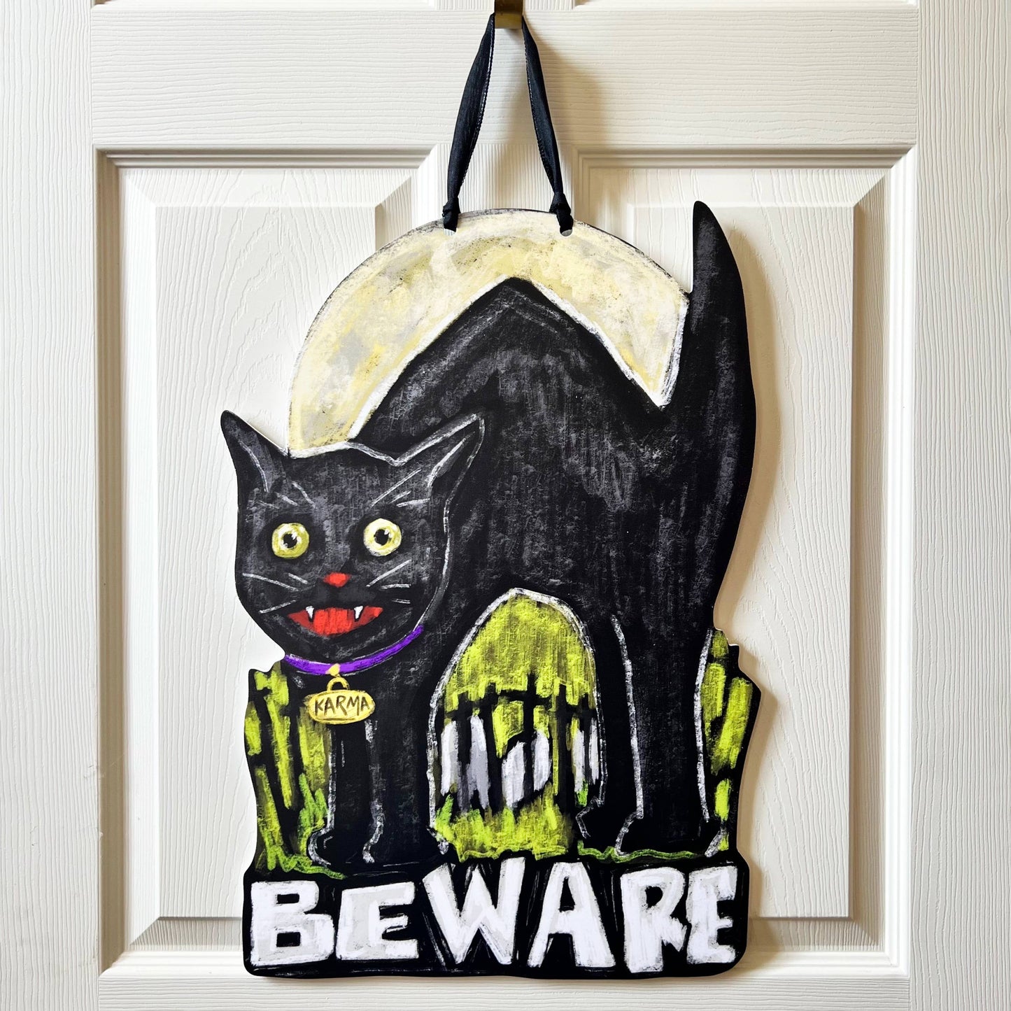 Beware Black Cat Halloween Door Hanger Spooky Fall