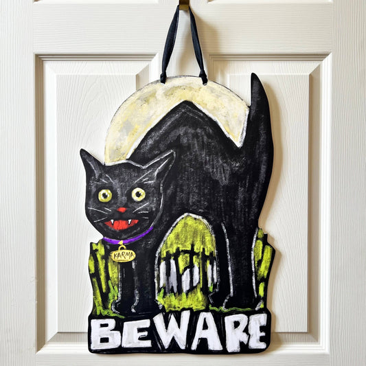 Beware Black Cat Halloween Door Hanger Spooky Fall