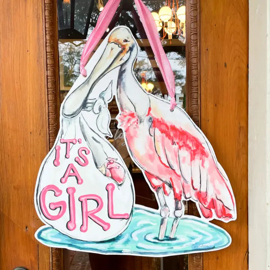 It's A Girl Spoonbill Door Hanger - Southern Baby Welcome
