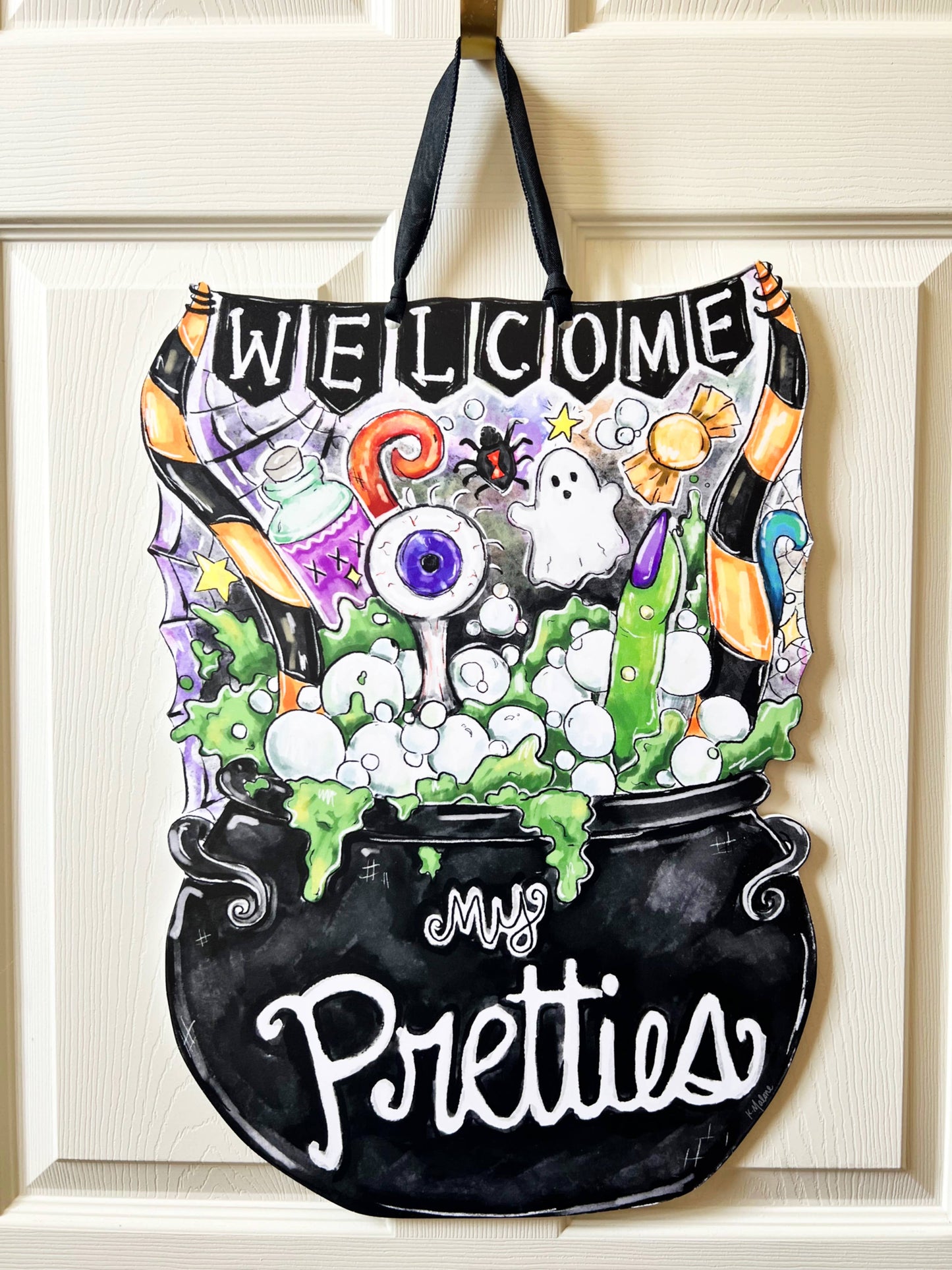 Welcome My Pretties Cauldron Door Hanger Halloween