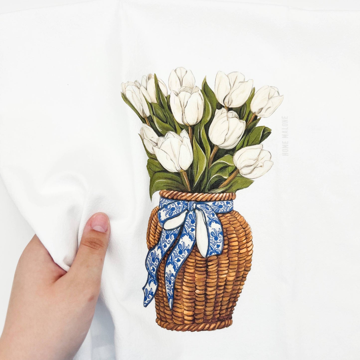 White Tulips Tea Towel-Pretty Floral Spring Flower Basket