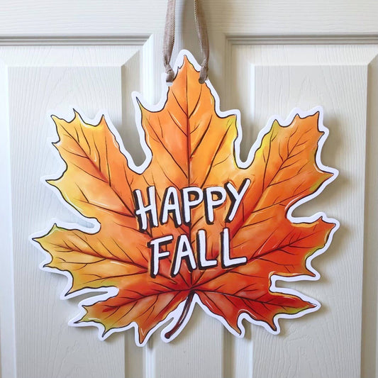 Happy Fall Leaf Autumn Door Hanger - Orange Maple Leaf Decor