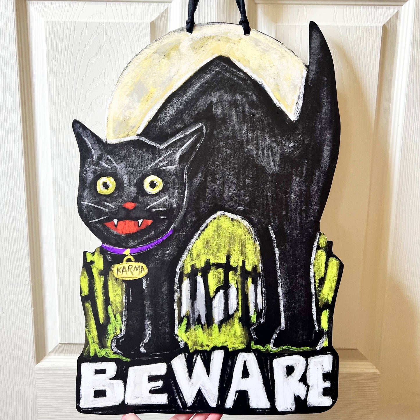 Beware Black Cat Halloween Door Hanger Spooky Fall