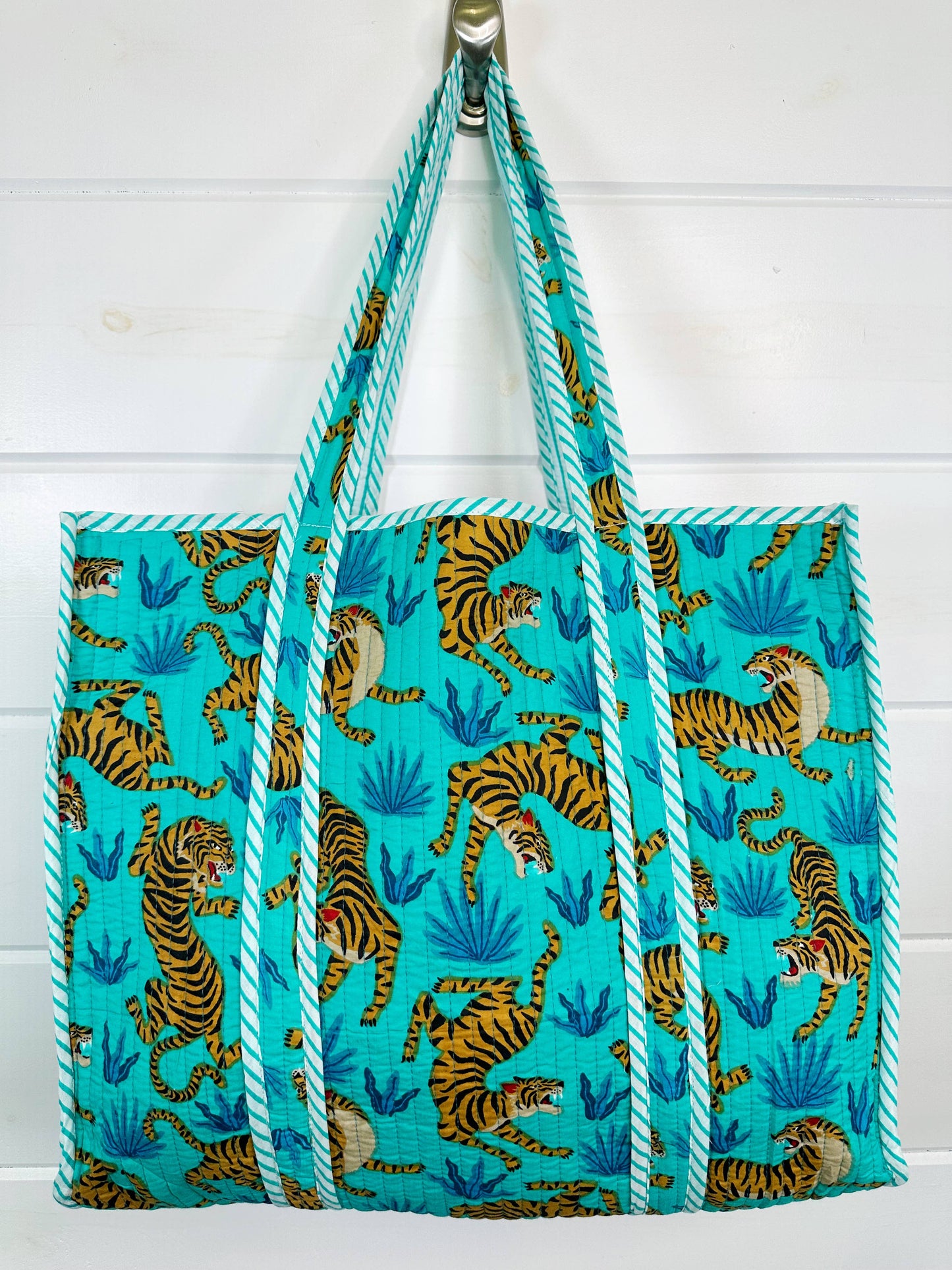 Tiger Tote Bags | Aqua Blue Quilted Bag | Large Travel Totes