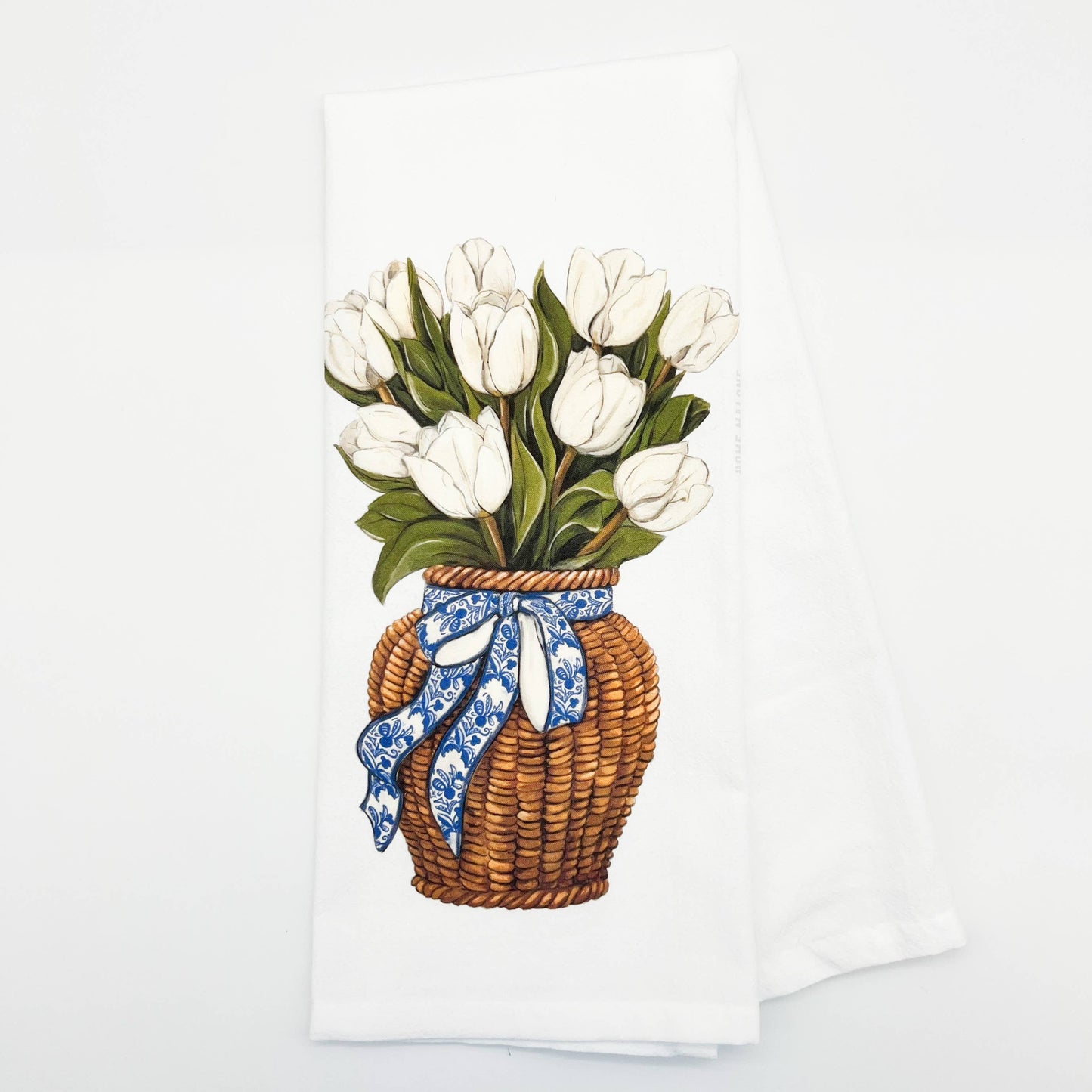 White Tulips Tea Towel-Pretty Floral Spring Flower Basket