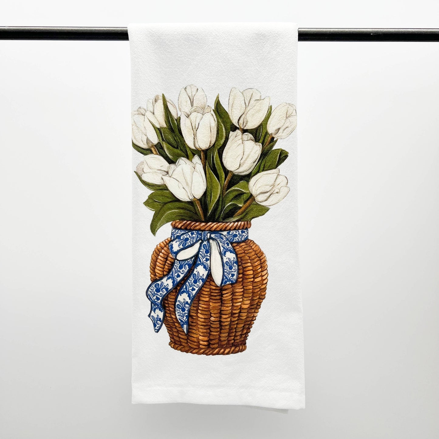 White Tulips Tea Towel-Pretty Floral Spring Flower Basket