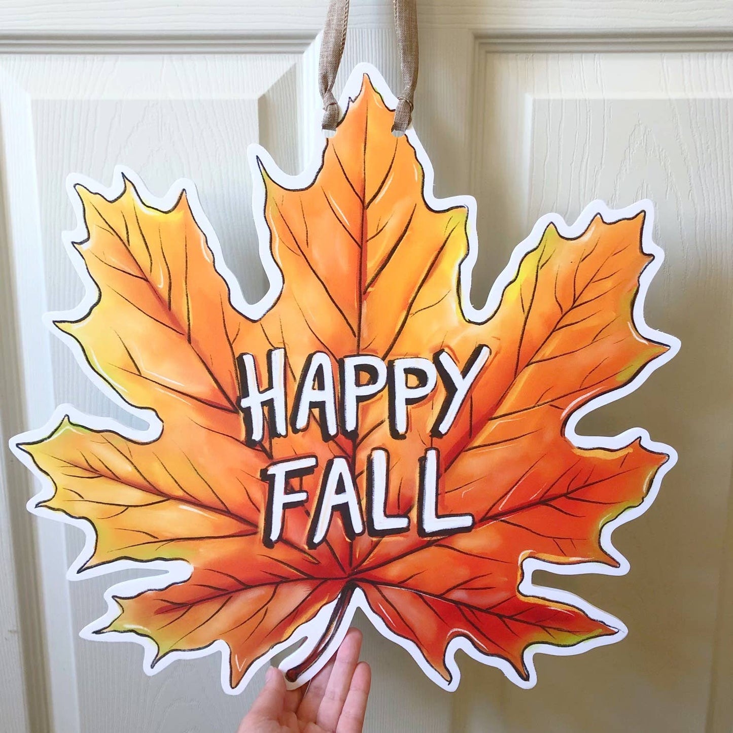 Happy Fall Leaf Autumn Door Hanger - Orange Maple Leaf Decor