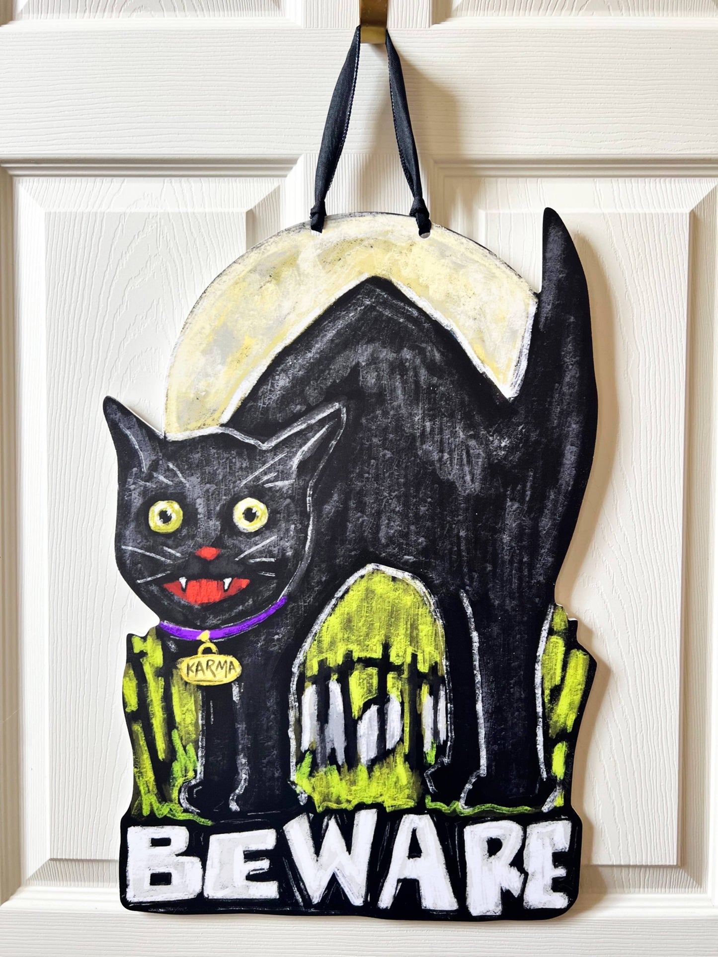 Beware Black Cat Halloween Door Hanger Spooky Fall