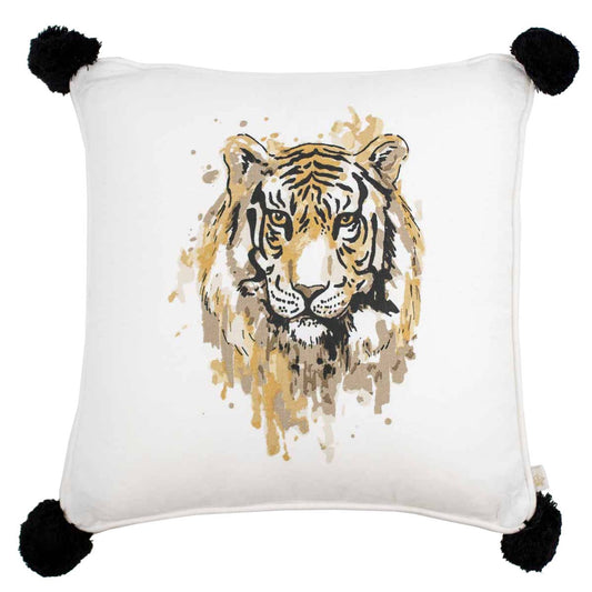 Tiger Love Pom Pom Pillow   Soft White/Black   16x16