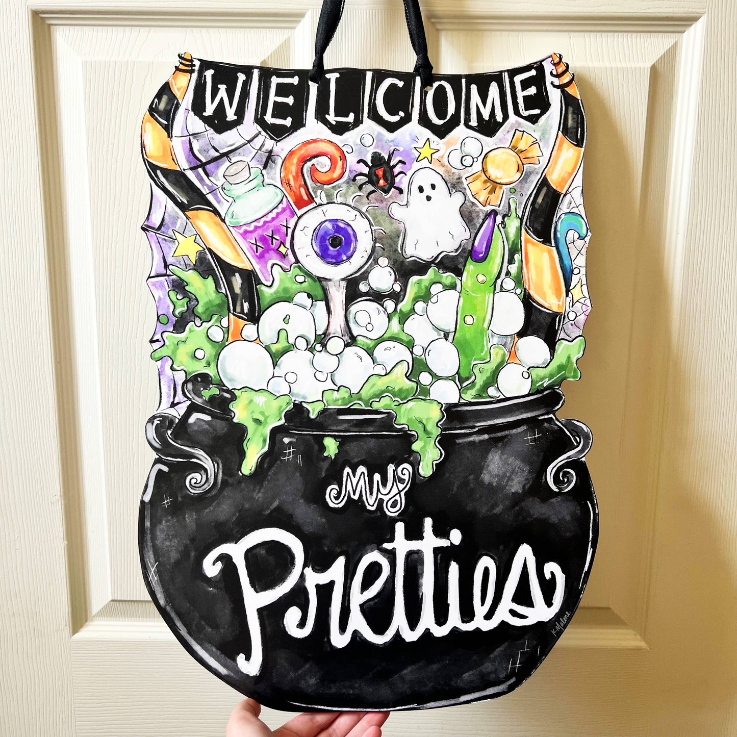 Welcome My Pretties Cauldron Door Hanger Halloween