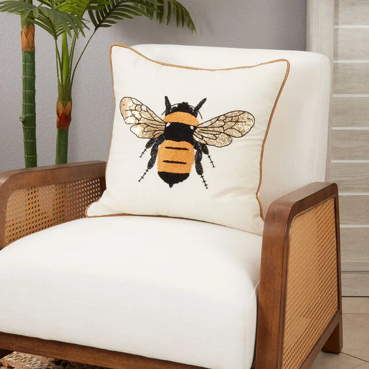 Embroidered Bumble Bee Cotton 18" Throw Pillow
