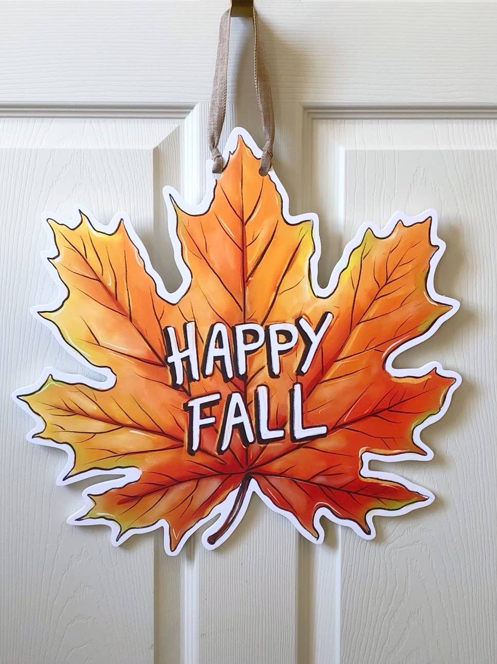 Happy Fall Leaf Autumn Door Hanger - Orange Maple Leaf Decor